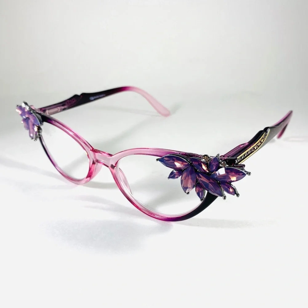 Retro Readers plum ombre frames with Lavender rhinestones +3.00 reading glasses